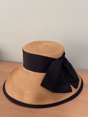 Eric Javits Women's Natural Straw Sun Beach Hat With Black Trim And Bow